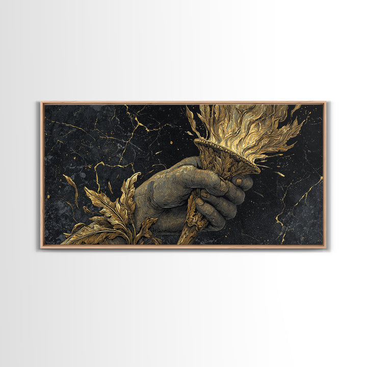 Gold Torch of Triumph Print, Detailed Hand and Flame, Wood Framed Map Wall Décor for Victory and Inspiration Themes