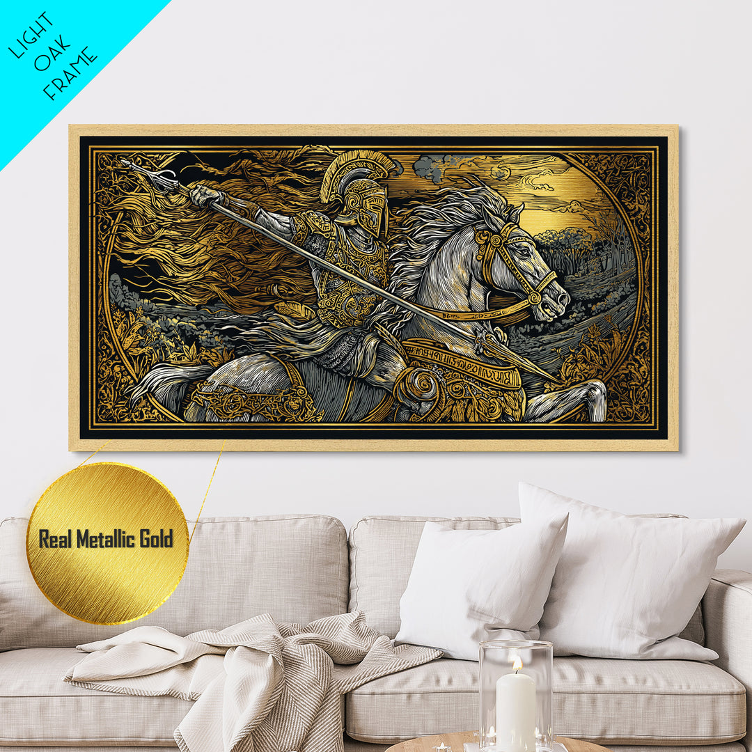 Metallic Gold Metal Print Spartan Warrior on Horseback, Flowing Mane and Spear, Wood Framed Map Wall Art, Ancient Battle,  History Lovers