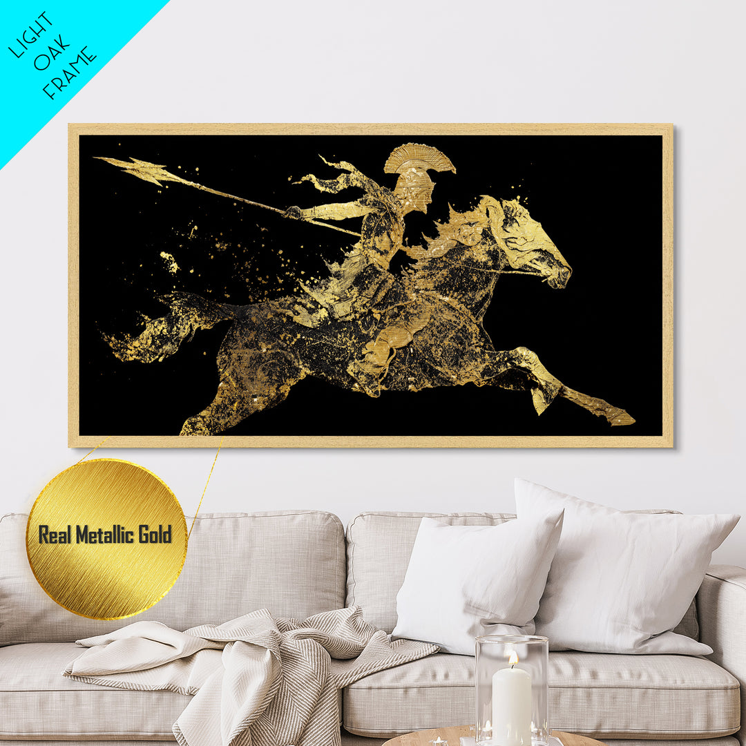 Metallic Gold Art Spartan Rider Silhouette, Splatter Effect Spear Charge, Wood Framed Map Wall Décor, Historical and Warrior-Themed Spaces