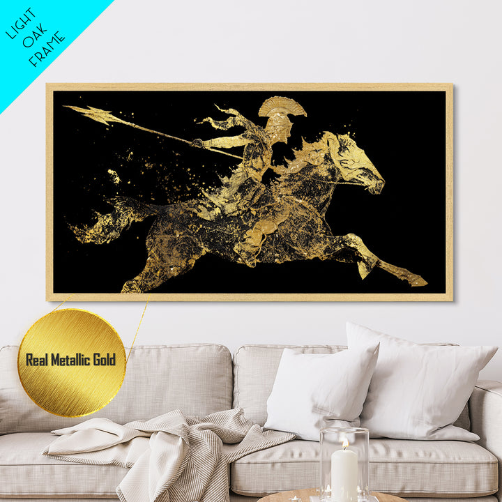 Metallic Gold Art Spartan Rider Silhouette, Splatter Effect Spear Charge, Wood Framed Map Wall Décor, Historical and Warrior-Themed Spaces