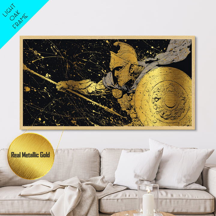 Metallic Gold Metal Print Spartan Soldier with Shield and Spear, Splatter Background, Wood Framed Map Wall Art for Ancient Greece Enthusiasts