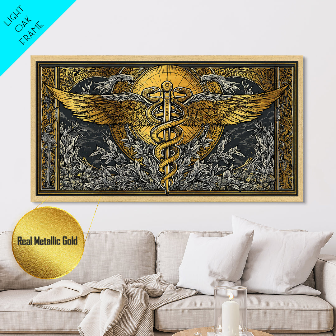 Metallic Gold Art Caduceus Symbol with Wings and Serpents, Ornate Frame, Wood Framed Map Wall Décor for Medical and Healing Symbolism Fans