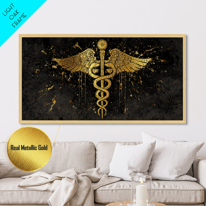 Metallic Gold Metal Print Caduceus Splatter Effect Design, Ancient Script Wings, Wood Framed Map Wall Art for Medicine and Healing Iconography