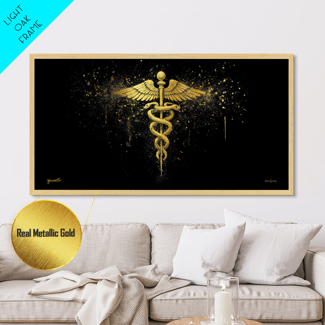 Metallic Gold Art Caduceus Medical Symbol, Splatter Background Art Style, Wood Framed Map Wall Décor for Healthcare, Classical Symbol Lovers