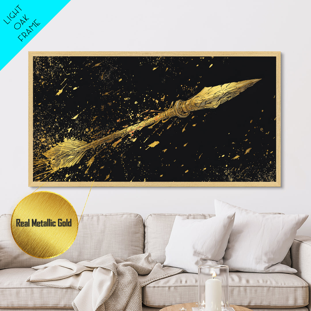 Golden Spear In Flight, Metallic Gold Metal Print, Real Wood Frame, Dynamic Weapon Art, Mythology Inspired Wall Decor
