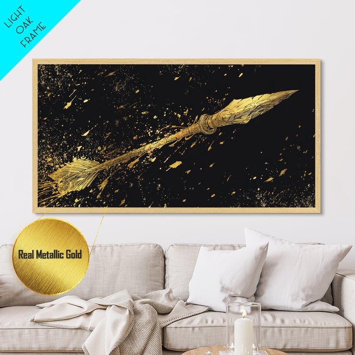 Golden Spear In Flight, Metallic Gold Metal Print, Real Wood Frame, Dynamic Weapon Art, Mythology Inspired Wall Decor