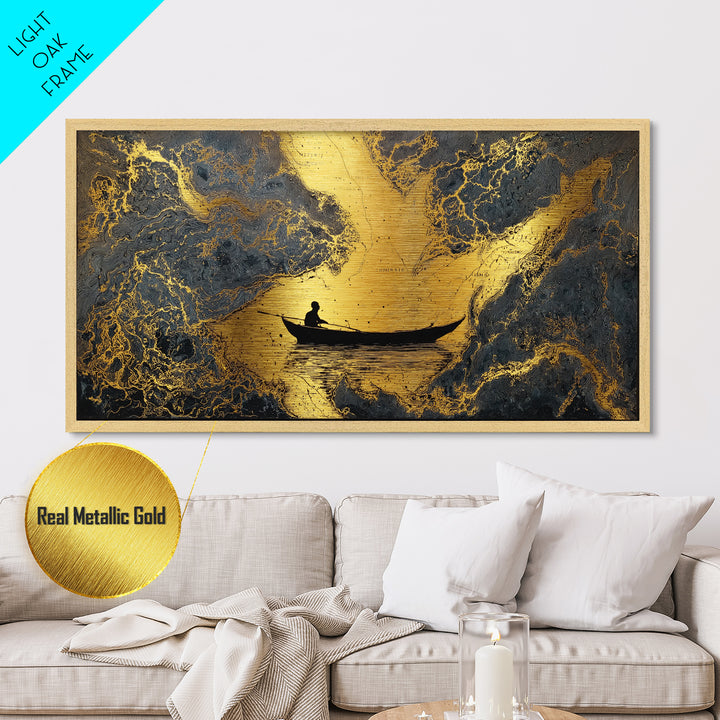 Metallic Gold Art Rowboat Silhouette Over Detailed Map Pattern, Reflective Water, Wood Framed Map Wall Décor, Nautical and Cartographic Fans