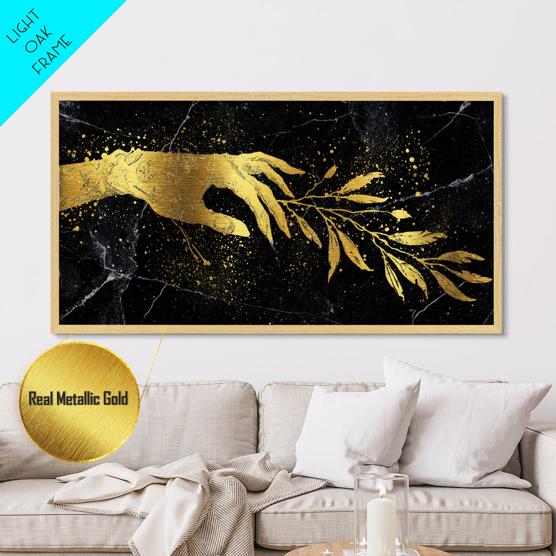 Metallic Gold Metal Print Hand Offering Olive Branch, Splatter Art Marble Texture, Wood Framed Map Wall Art for Peace and Nature Symbolism