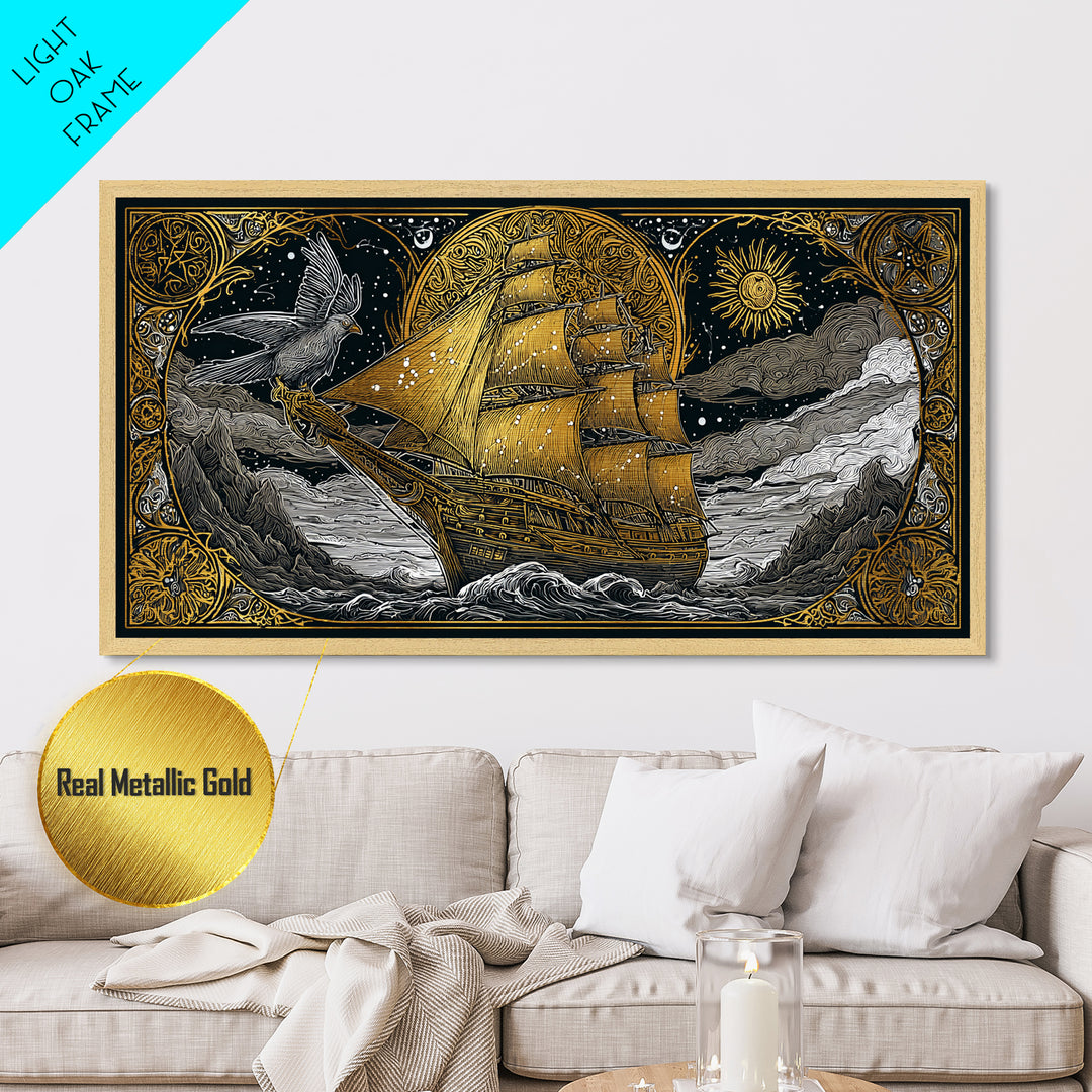 Metallic Gold Art Sailing Ship with Raven Figurehead, Starry Night and Waves, Wood Framed Map Wall Décor, Nautical and Mythic Voyage Lovers