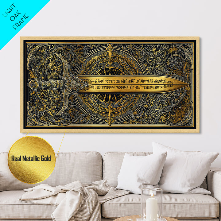 Metallic Gold Metal Print of Ornate Sword and Compass Design, Engraved Blade and Decorative Frame, Wood Framed Map Wall Décor