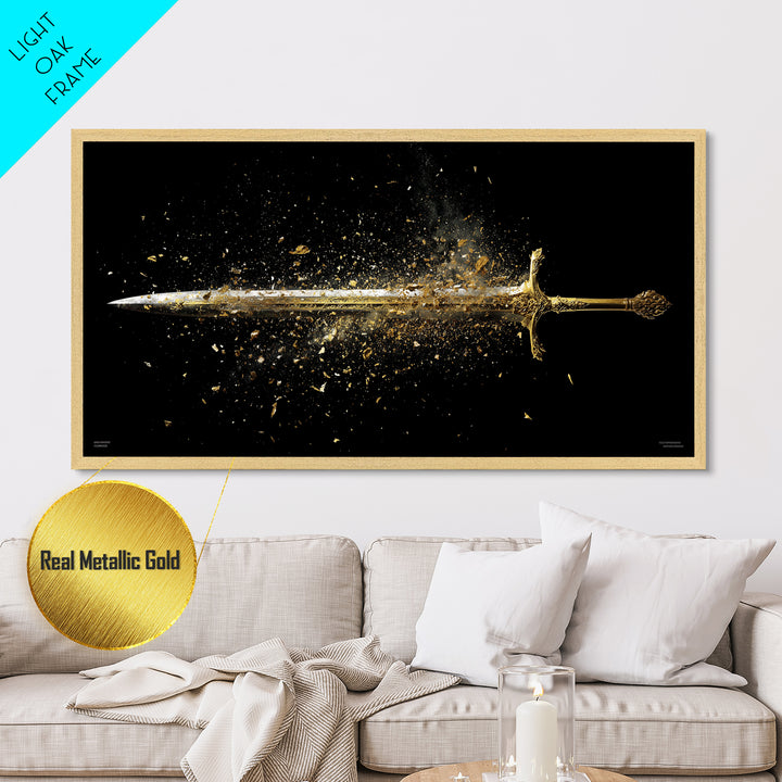 Metallic Gold Art of Shattering Sword in Mid-Air, Detailed Blade Explosion and Dark Background, Wood Framed Map Wall Art Display