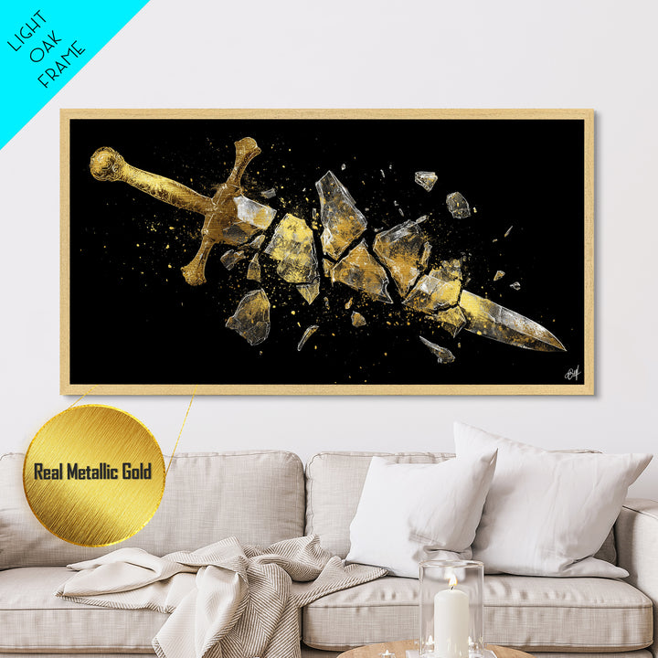 Metallic Gold Metal Print of Broken Sword in Fragments, Detailed Golden Hilt and Blade Shards, Wood Framed Map Wall Décor Accent