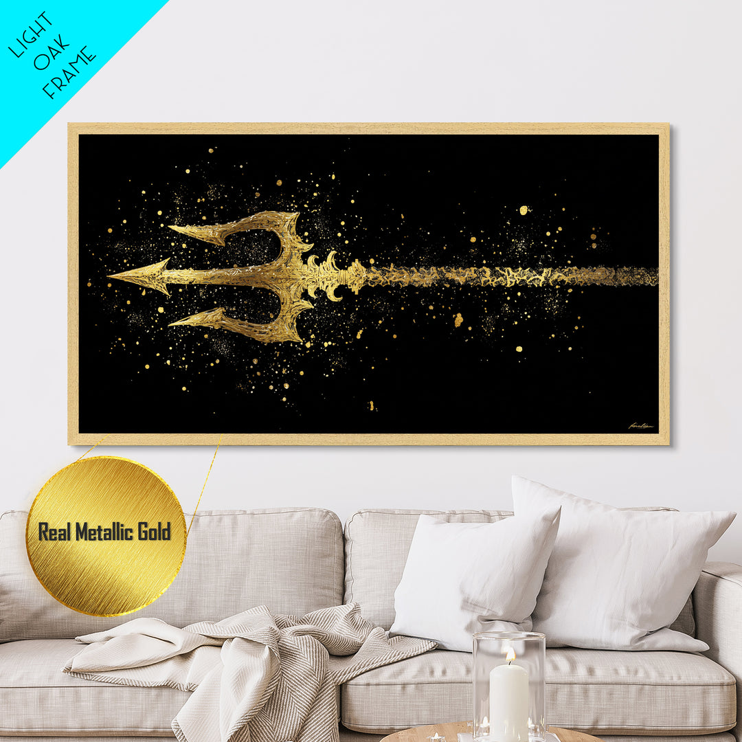 Metallic Gold Art of Decorative Trident in Motion, Splatter Effect on Black Background, Wood Framed Map Wall Art for Nautical Themes