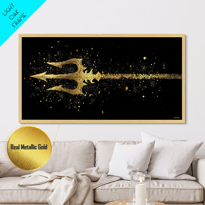 Metallic Gold Art of Decorative Trident in Motion, Splatter Effect on Black Background, Wood Framed Map Wall Art for Nautical Themes