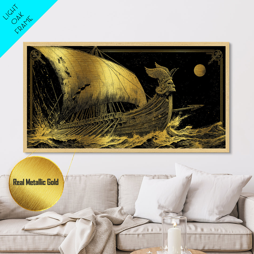 Metallic Gold Metal Print of Ancient Greek Warship at Sea, Detailed Engraving Style and Waves, Wood Framed Map Wall Art for History