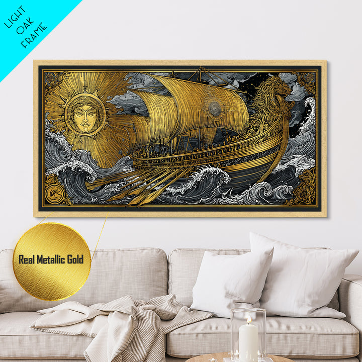 Metallic Gold Art of Sun and Ship Scene, Lion Figurehead and Ocean Waves, Detailed Decorative Style, Wood Framed Map Wall Décor