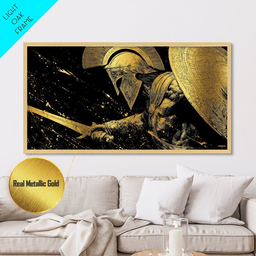 Metallic Gold Metal Print of Spartan Warrior in Battle Pose, Detailed Shield and Sword, Splatter Background, Wood Framed Map Wall Art