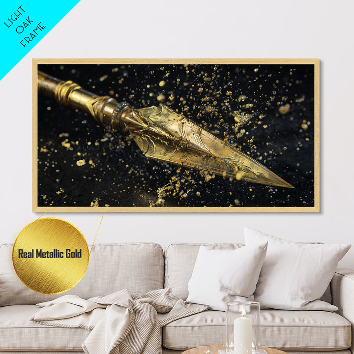Ornate Golden Spearhead, Metallic Gold Art, Real Wood Frame, Close-Up Weapon Detail, Mythology Inspired Wall Decor