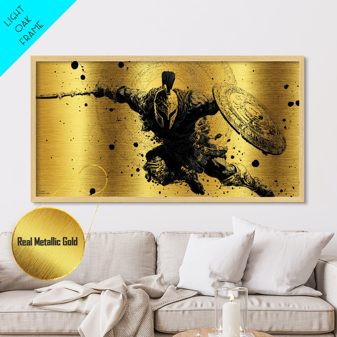 Metallic Gold Art of Spartan Soldier Leaping Forward with Spear and Shield, Decorative Armor and Mandala, Wood Framed Map Wall Décor