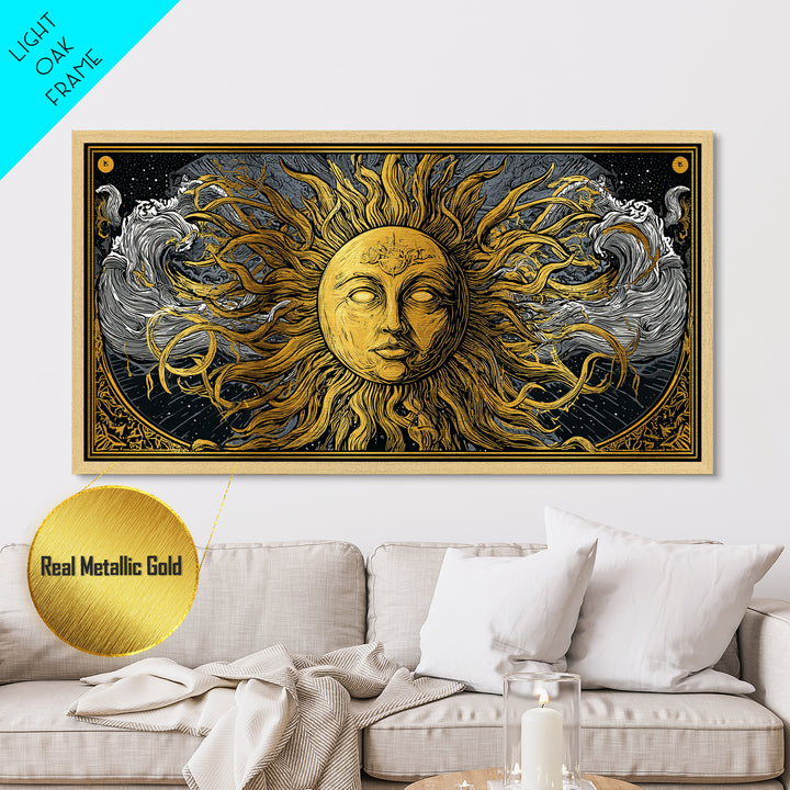 Metallic Gold Metal Print of Sun Face with Flowing Hair and Ocean Waves, Detailed Mythological Design, Wood Framed Map Wall Décor