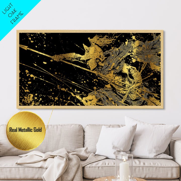 Metallic Gold Art of Warrior with Flowing Cape and Spear, Ornate Armor and Dynamic Battle Pose, Wood Framed Map Wall Art for History