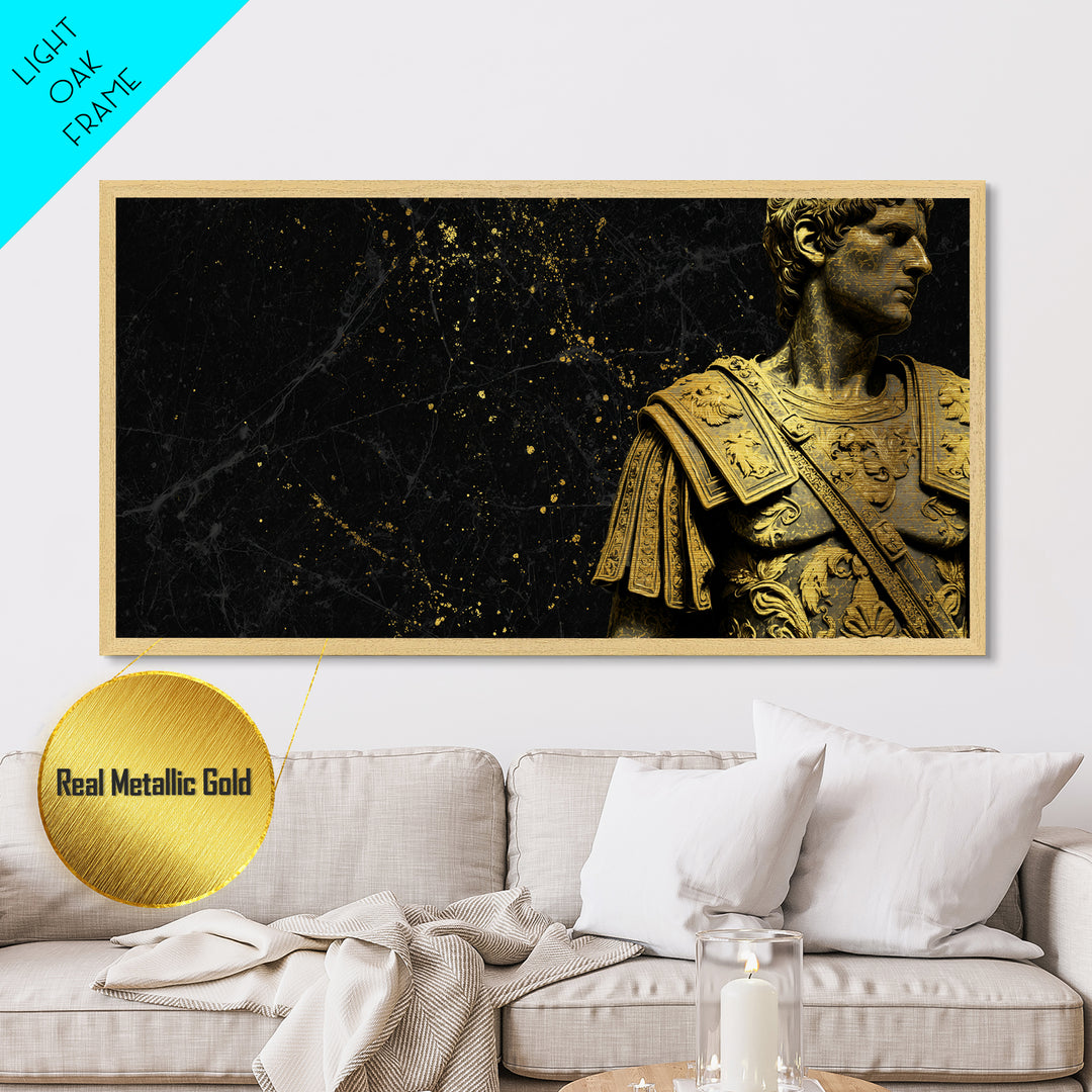 Ancient Roman Emperor Statue Metallic Gold Metal Print, Luxurious Black Marble Background, Classical Warrior Art, Regal Home Decor
