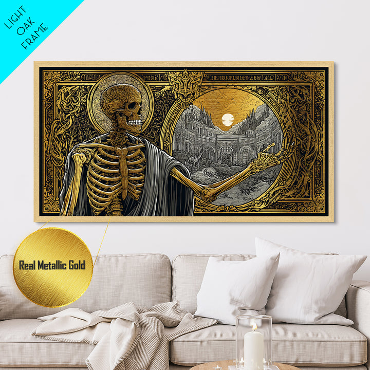 Skeleton Pointing to Ancient Arena Metallic Gold Art, Gothic Medieval Scene, Ornate Frame Design, Dark Fantasy Wall Decor