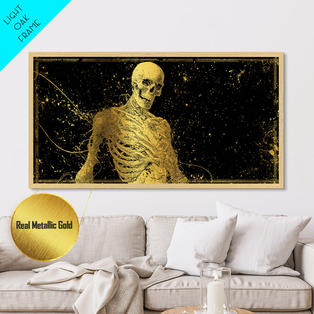 Golden Anatomical Skeleton on Black Starfield Metallic Gold Metal Print, Macabre Anatomy Illustration, Gothic Horror Home Art