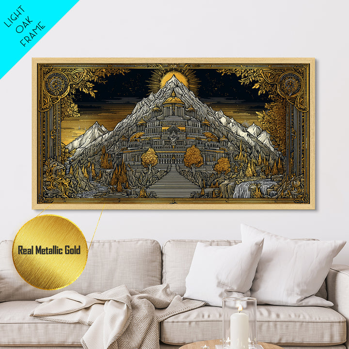 Mythical Mountain Fortress Metallic Gold Art, Grand Palace in Majestic Peaks, Fantasy Landscape Illustration, Epic Home Wall Decor