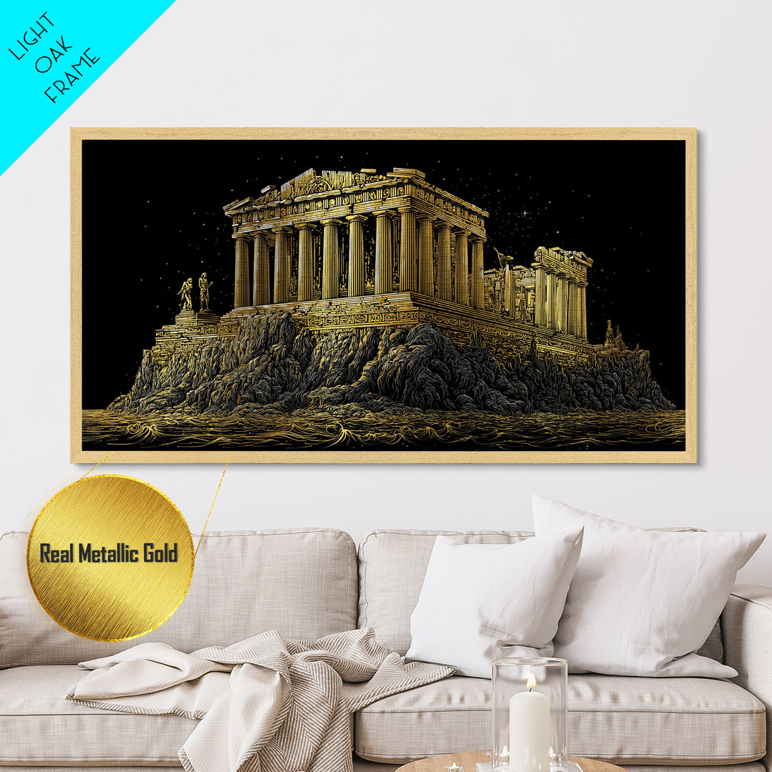 Ancient Greek Temple on Rocky Shore Metallic Gold Metal Print, Classical Architecture Illustration, Historic Landmark Wall Art