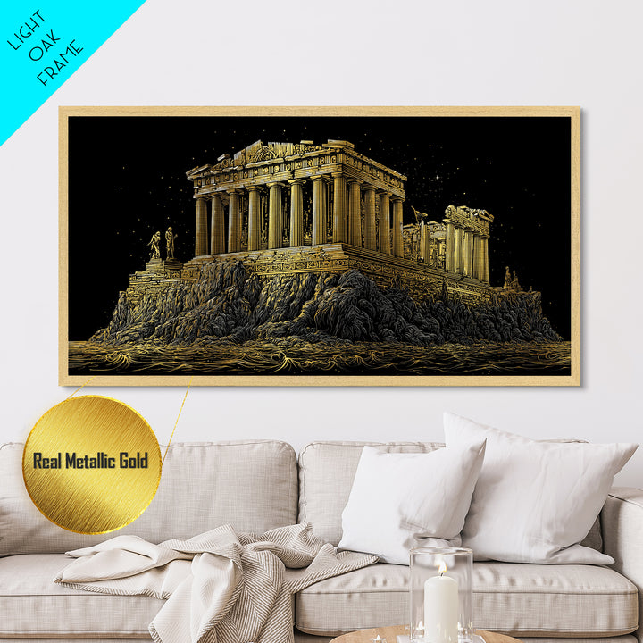 Ancient Greek Temple on Rocky Shore Metallic Gold Metal Print, Classical Architecture Illustration, Historic Landmark Wall Art