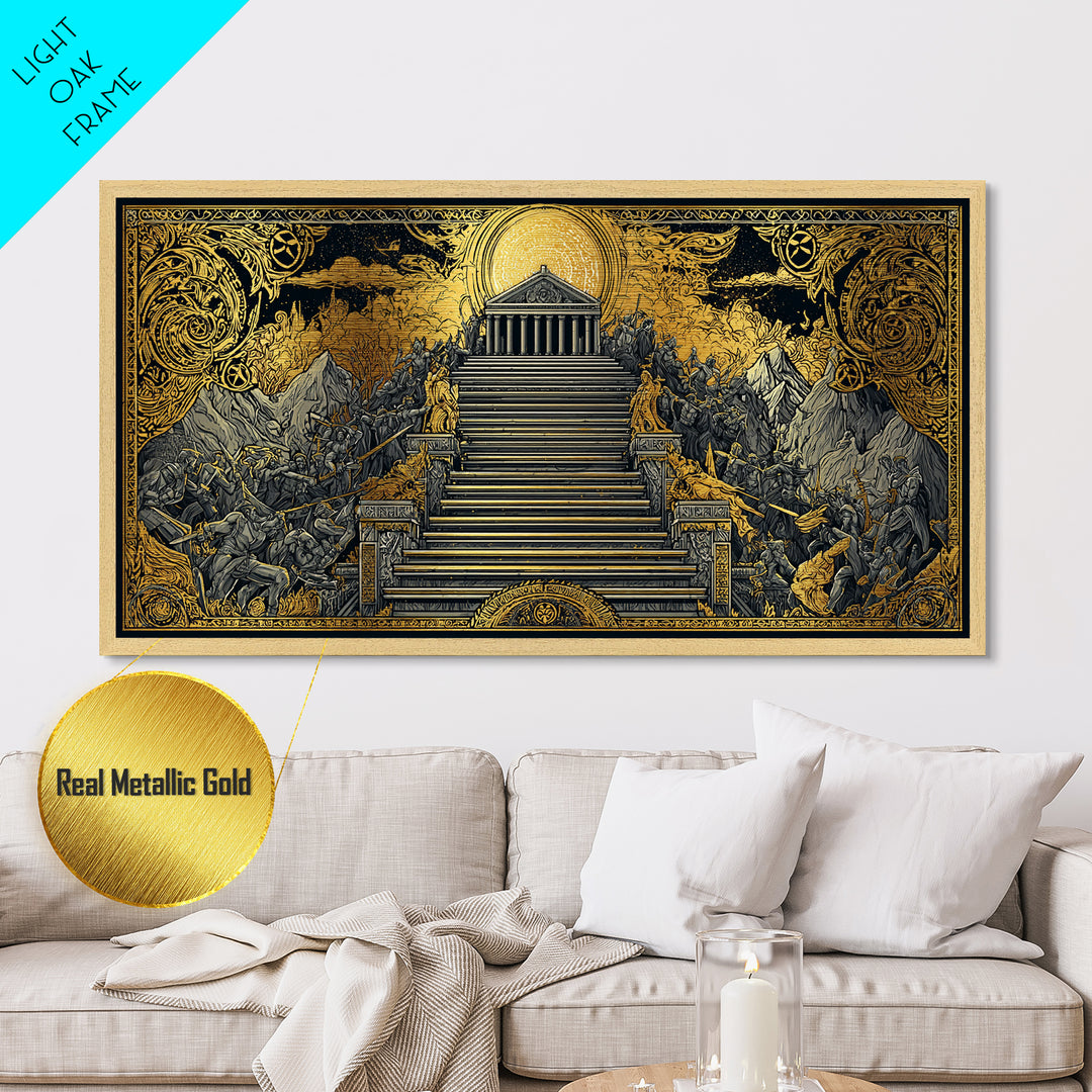 Mythic Battle at Temple Stairs Metallic Gold Art, Epic Fantasy Scene, Heroic Warriors and Gods, Dramatic Home Wall Decor