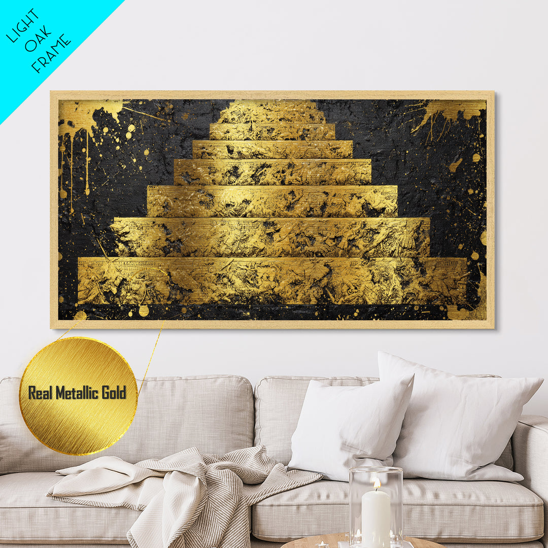 Ancient War Scene on Pyramid Steps Metallic Gold Metal Print, Historic Battle Relief Sculpture, Regal Classical Home Art
