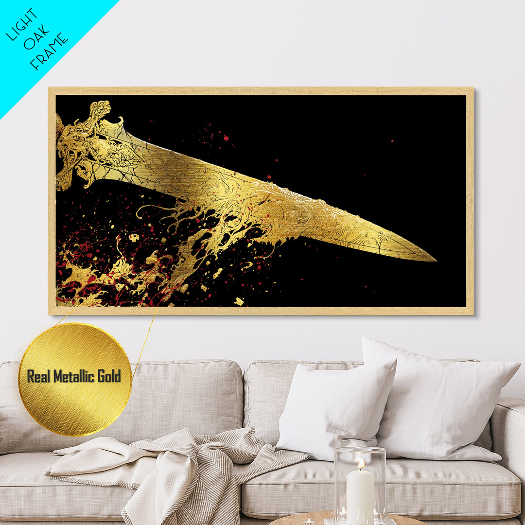 Golden Ornate Sword, Metallic Gold Metal Print, Real Wood Frame, Dramatic Fantasy Weapon Art, Mythology Wall Decor