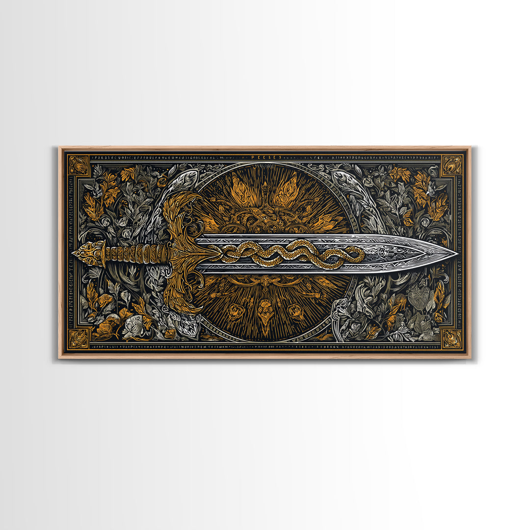 Intricate Sword with Serpent Design Gold Canvas Art, Fantasy Weapon Illustration, Ornate Blade Wall Decor for Collectors