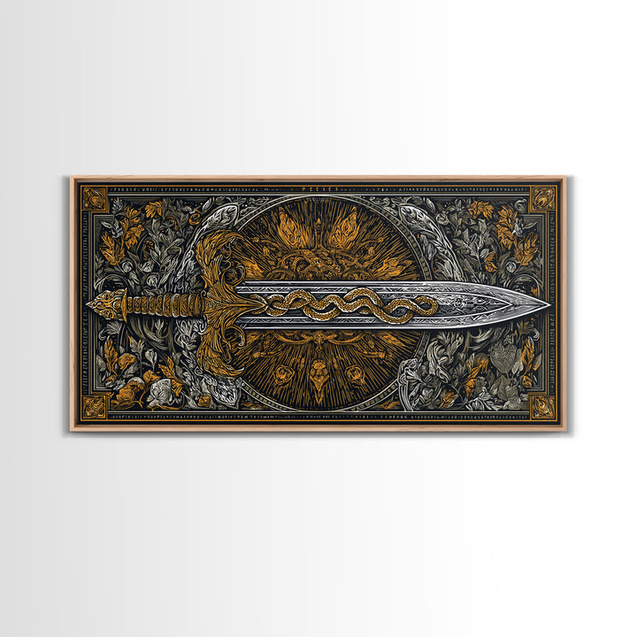 Intricate Sword with Serpent Design Gold Canvas Art, Fantasy Weapon Illustration, Ornate Blade Wall Decor for Collectors