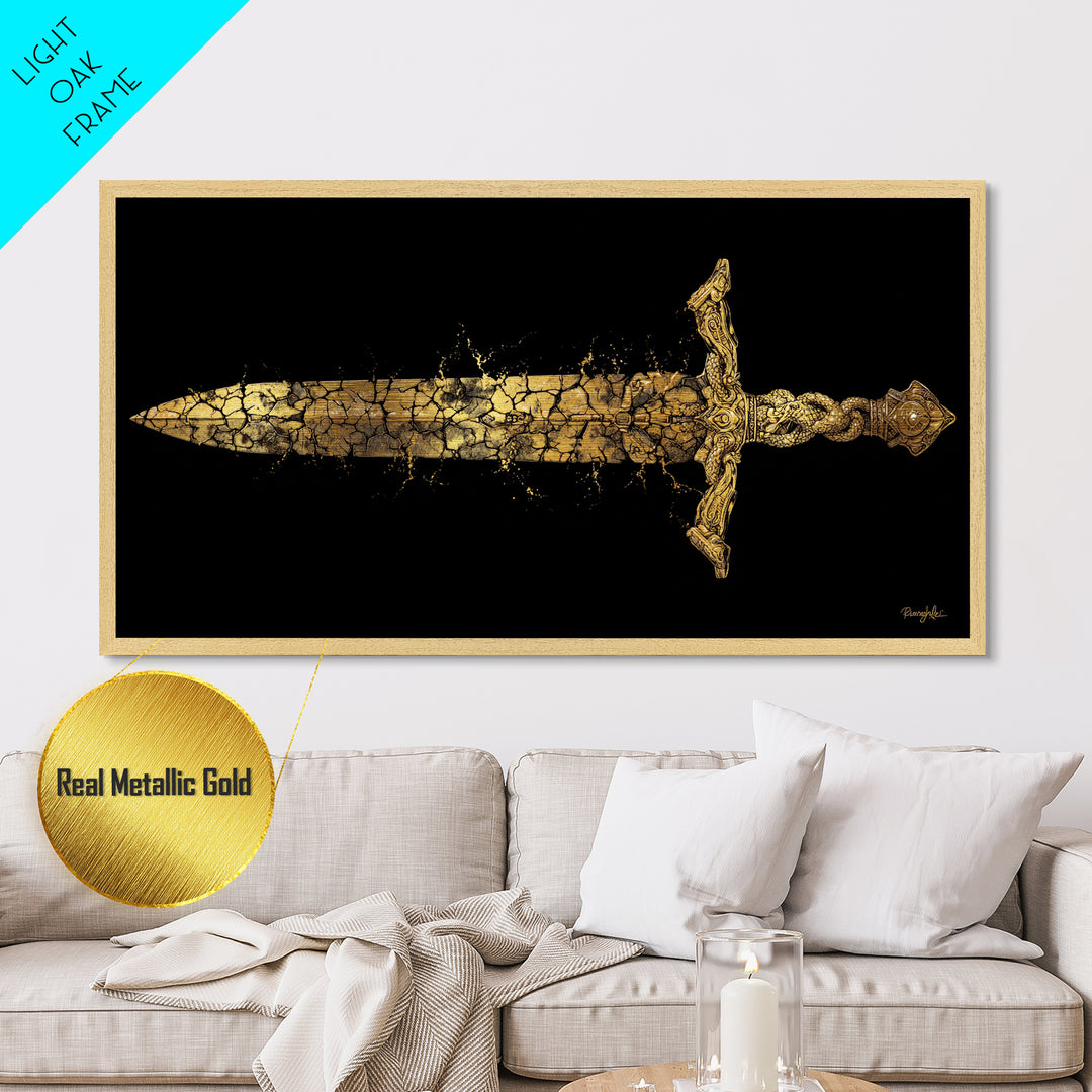 Cracked Ancient Sword Metallic Gold Metal Print, Legendary Fantasy Weapon, Weathered Epic Blade, Gothic Home Wall Art