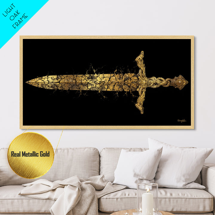 Cracked Ancient Sword Metallic Gold Metal Print, Legendary Fantasy Weapon, Weathered Epic Blade, Gothic Home Wall Art