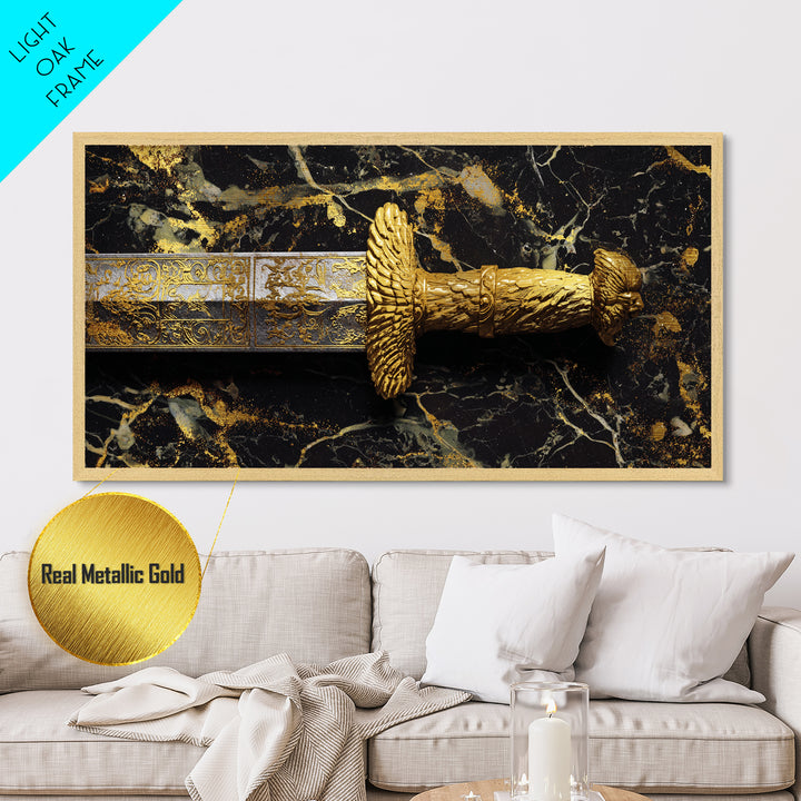 Golden Sword Hilt with Lion Design Metallic Gold Art, Ornate Weapon Photography, Luxurious Warrior Decor, Classical Battle Theme
