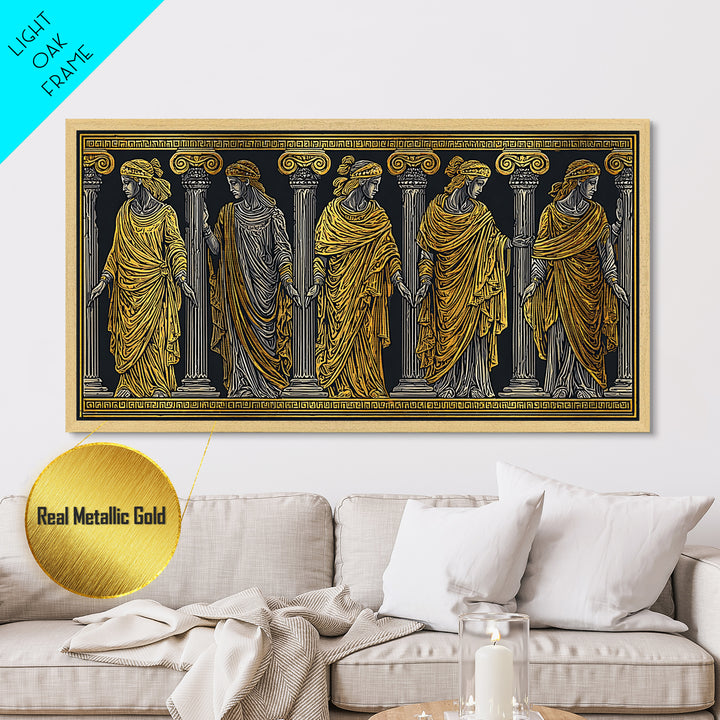 Ancient Greek Caryatid Columns, Detailed Architecture Wall Decor, Metallic Gold Metal Print, Classical Sculpture Artwork