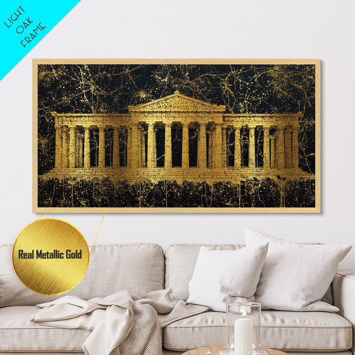 Greek Parthenon Temple Art, Splatter Paint Architecture Print, Metallic Gold Metal Print, Classical Greece Wall Decoration