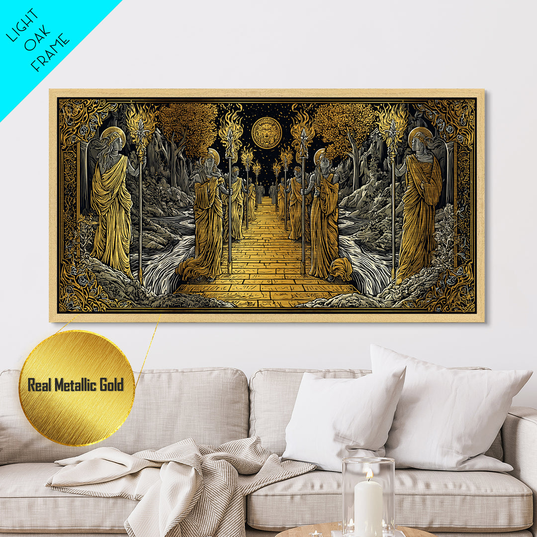 Greek Torchbearer Pathway Scene, Mythic Procession Illustration, Metallic Gold Art, Ancient Greece Wall Decor, Temple Artwork