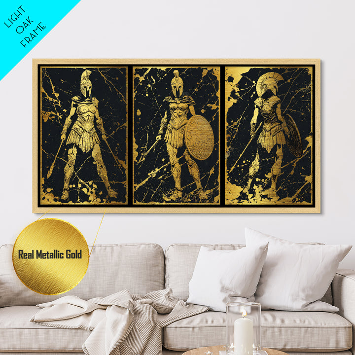 Greek Warrior Triptych Print, Spartan Female Soldiers Artwork, Metallic Gold Art, Ancient Greece Wall Decor, Mythic Battle Scene