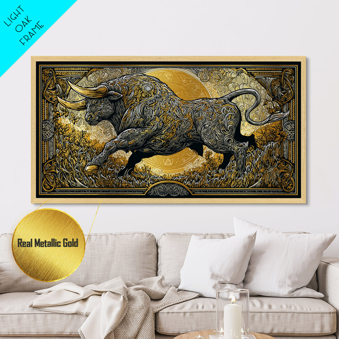 Golden Bull In Ornate Frame, Metallic Gold Art, Real Wood Frame, Symbolic Animal Wall Decor, Strength And Power