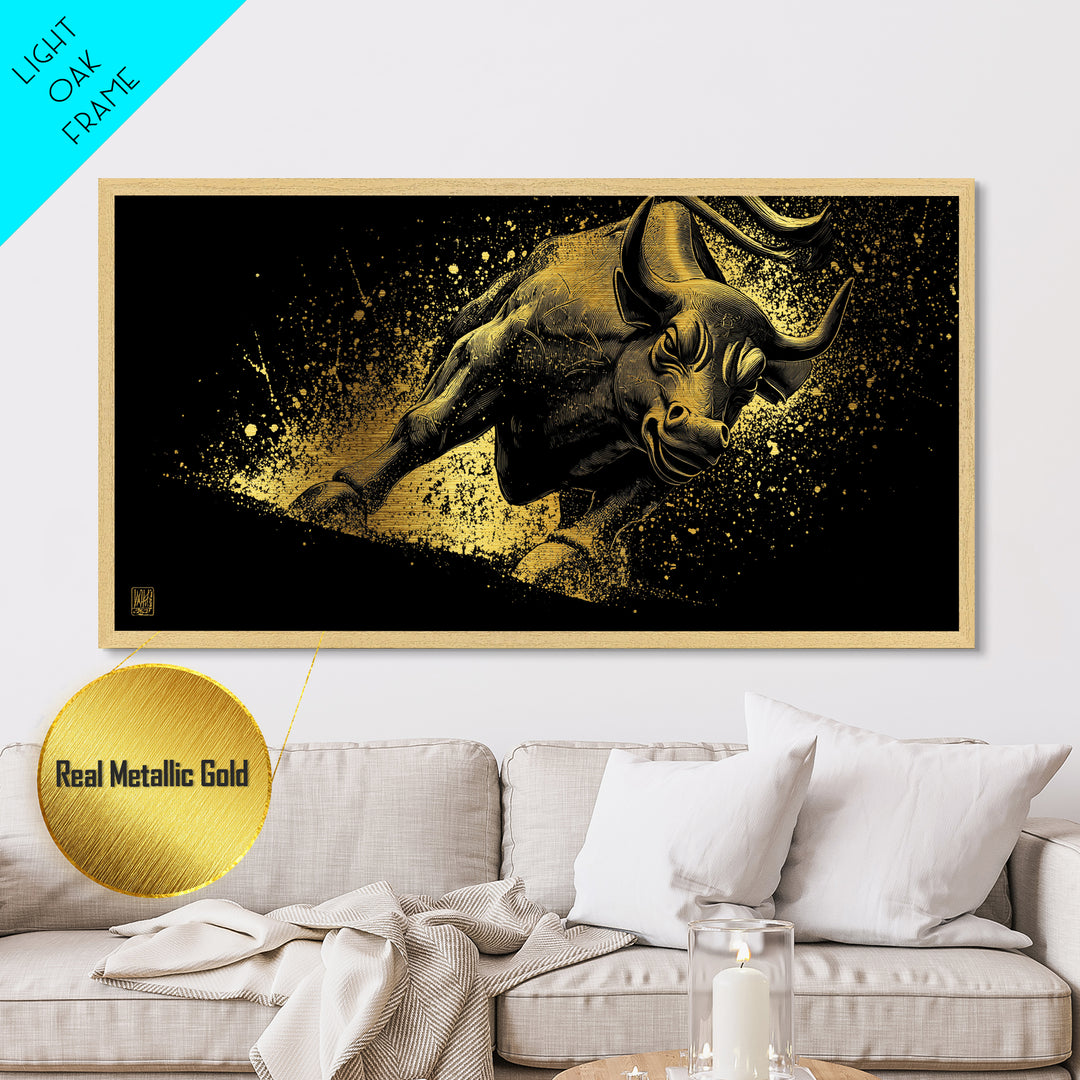 Charging Golden Bull, Metallic Gold Metal Print, Real Wood Frame, Dynamic Animal Wall Art, Powerful Bull Illustration