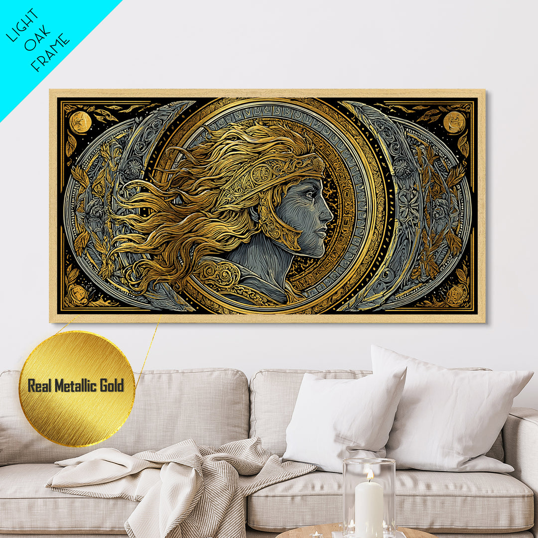 Greek God Profile Illustration, Flowing Hair And Crescent Moons, Metallic Gold Metal Print, Classical Mythology Wall Artwork