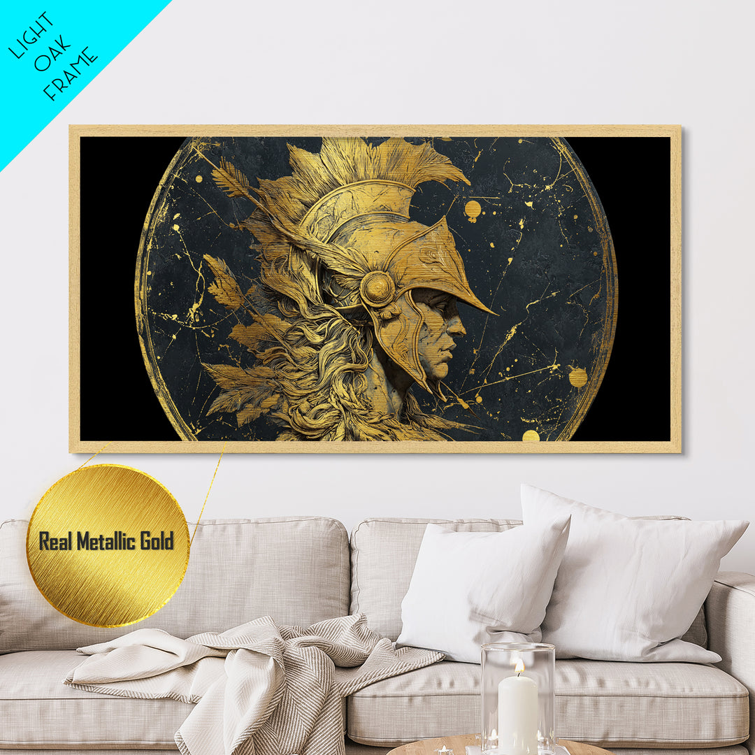 Ancient Warrior Profile Sculpture, Greek Helmet And Feathers, Metallic Gold Art, Classical Relief Wall Decor, Heroic Figure Artwork