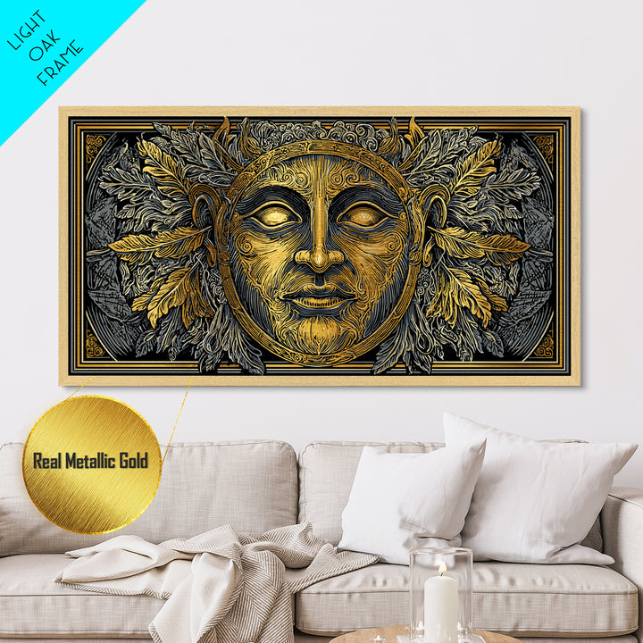 Mythic Sun God Face Artwork, Ornate Leaf And Feather Design, Metallic Gold Metal Print, Ancient Greece Wall Decor, Celestial Art