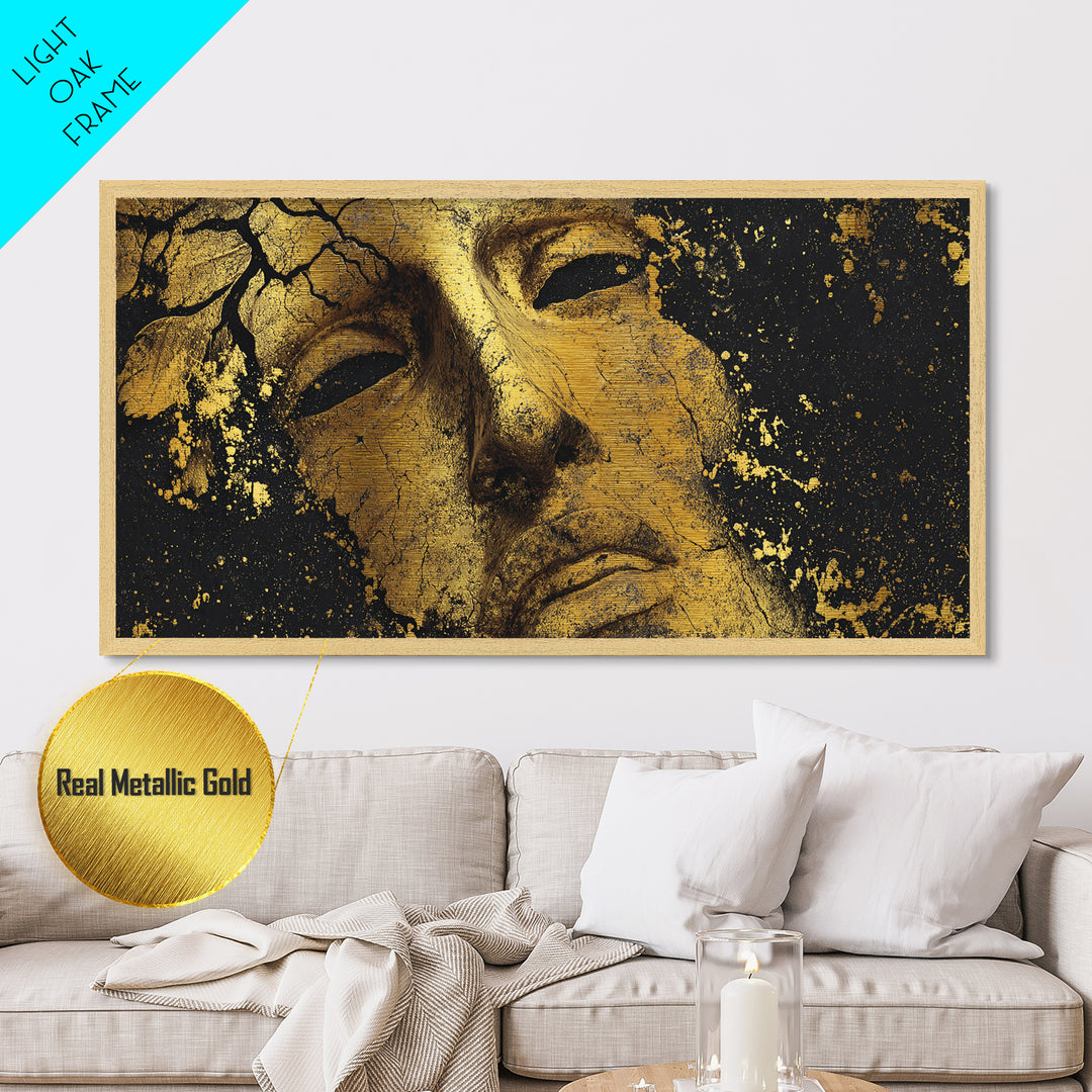 Cracked Golden Face Sculpture, Ancient Greek Mask Artwork, Metallic Gold Art, Classical Wall Decoration, Timeless Antiquity Print