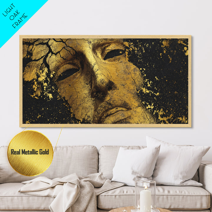 Cracked Golden Face Sculpture, Ancient Greek Mask Artwork, Metallic Gold Art, Classical Wall Decoration, Timeless Antiquity Print